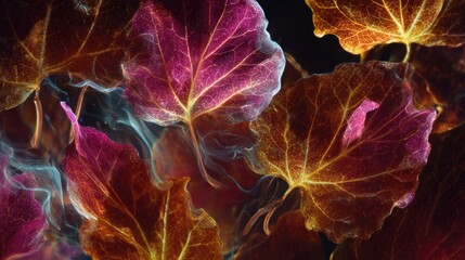 A detailed macro shot highlights colorful fall leaves. Renewal and natural balance.