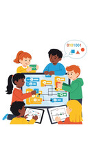 Diverse children collaborate around a colorful learning board.