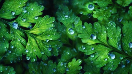 Vibrant green leaves appears in extreme macro detail. Freshness and natural harmony.