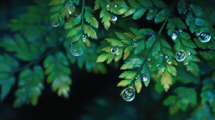 A close-up view shows fresh leaves texture with tiny droplets. Purity and organic beauty.