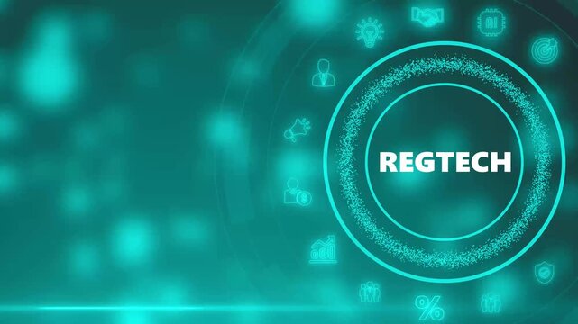 Digital interface with glowing teal concentric circles and icons representing Reg Tech concepts on a teal background