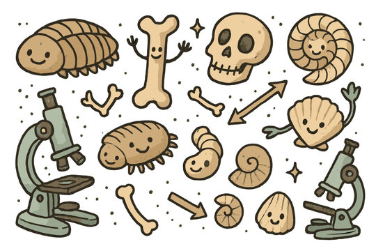 Playful Fossil Lab. Whimsical doodle taphonomy lab with smiling fossils, cartoon bones and shells waving, cheerful microscopes