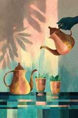 Copper teapots reflect golden evening light in a North African caf&eacute;. Authentic atmosphere and timeless tradition.
