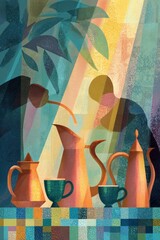 A traditional Maghrebi street caf&eacute; appears at sunset with gleaming copper teapots. Cultural heritage and warm hospitality.