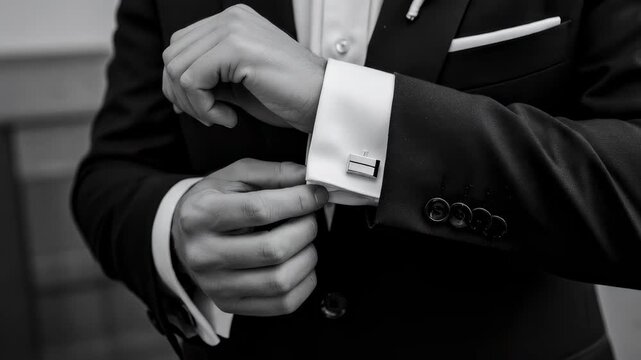 Man adjusting cufflink on dress shirt sleeve, close up on elegant formal wear for wedding or special event preparation