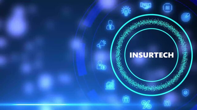 Digital interface with glowing blue concentric circles and icons representing Insur Tech concepts on a dark blue background