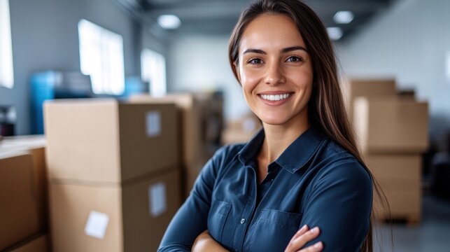 Smiling woman stands in warehouse with boxes during daytime hours