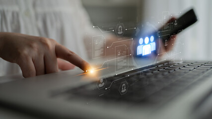 Concept of a digital human resources platform for workforce management. An applicant tracking system helps in team building by organizing employee and candidate profiles. Fermion