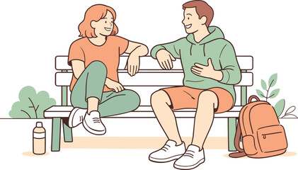 Friendly Park Conversation. Two friends resting and talking while seated on a park bench, clean flat line illustration showing