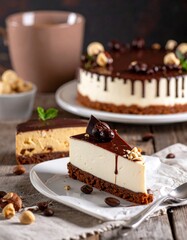 Delicious Chocolate Cheesecake with Coffee Beans and Hazelnuts.