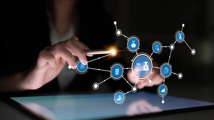 A modern concept showcasing digital financial planning with a user interacting with a touch screen tablet, surrounded by icons representing various financial services and data visualizations. Tessel