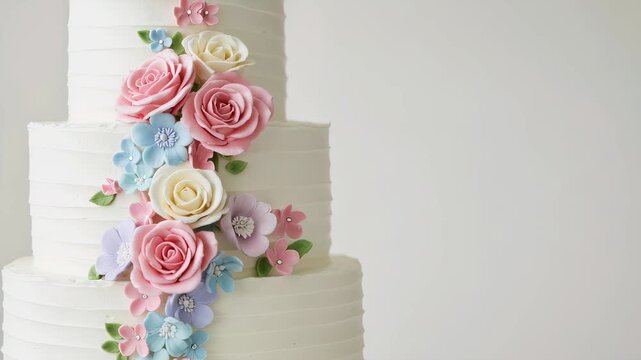 Three tiered white frosted wedding cake decorated with an elegant cascade of pastel colored floral sugar paste roses and blossoms.