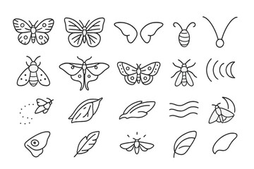 Nocturnal Insect Icons. Line style icons of homes and shelters: house, cottage, cabin, door, window, roof, chimney, fence, tree,