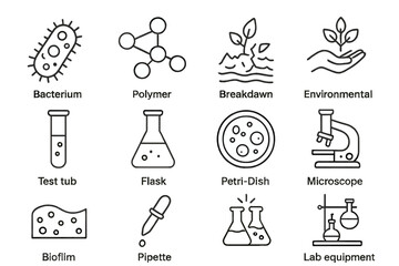 Microbial Technology Icons. Line style icons of Microbial Technology: Bacterium, Polymer Molecule, Breakdown, Environmental