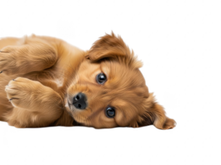 Cute brown puppy dog lying on its side isolated on transparent background looking up