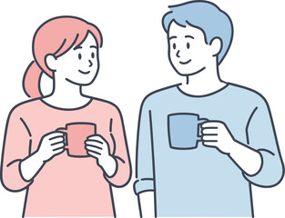 Fototapeta premium Minimalist Couple Talk. Couple stands side by side holding coffee cups and talking quietly Minimalist flat line vector