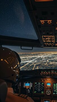 Flight Simulator Cockpit View with Pilot at Night Over City Lights
