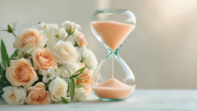 Hourglass with sand and bouquet of flowers on a table in a warm room with soft light during the afternoon