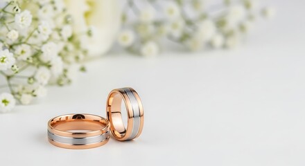 Two Tone Rose Gold and Silver Wedding Rings Placed Together on White Background with Soft Blurred White Flowers