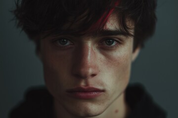 Close-up portrait of a young man with striking green eyes and a hint of red in his dark hair