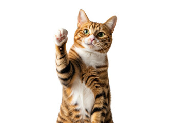Obraz premium A curious orange tabby cat standing on hind legs with paw raised high isolated on transparent background
