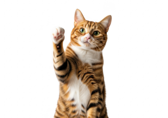 A curious orange tabby cat standing on hind legs with paw raised high isolated on transparent background