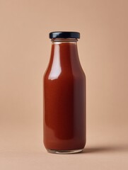 Glass bottle filled with rich red sauce, sealed with a black cap, isolated on a neutral background
