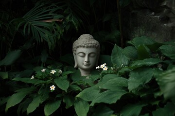 Serene Buddha statue nestled amongst lush green foliage and delicate white flowers