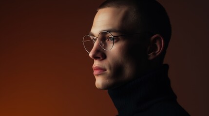 Serious middle-aged man with glasses and beard wearing a black turtleneck, looking intently