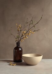 Still life with yellow berries in a brown vase and a speckled bowl on a brown tablecloth