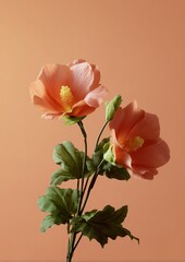 Two delicate peach chrysanthemums bloom against a soft, warm peach background