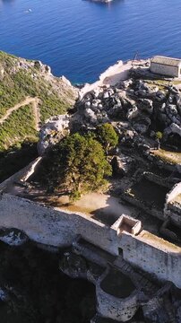 Angelokastro Castle near Palaiokastritsa and Krini, Corfu Island, Ionian sea, Central Corfu and Diapontia Islands, Greece, summer sunny view of Angelokastro fortress, Kerkyra travel, Greek landscape