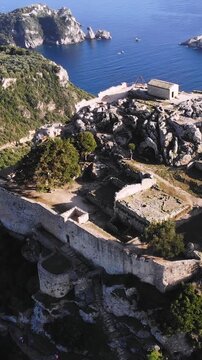 Angelokastro Castle near Palaiokastritsa and Krini, Corfu Island, Ionian sea, Central Corfu and Diapontia Islands, Greece, summer sunny view of Angelokastro fortress, Kerkyra travel, Greek landscape