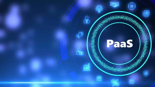 Paa S cloud computing service model with digital icons and glowing bokeh effect on dark blue background