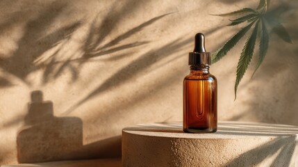 Fototapeta premium Natural wellness concept with cbd oil dropper bottle and botanical shadows,National Hemp Day