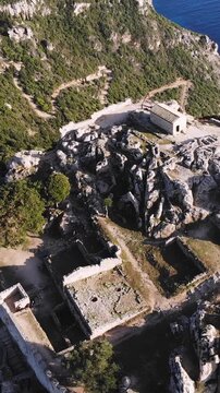 Angelokastro Castle near Palaiokastritsa and Krini, Corfu Island, Ionian sea, Central Corfu and Diapontia Islands, Greece, summer sunny view of Angelokastro fortress, Kerkyra travel, Greek landscape