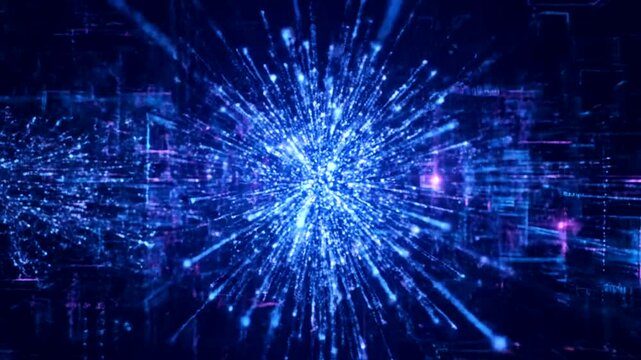 Futuristic blue digital explosion with radiating light beams.