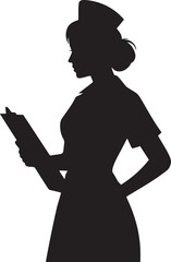 Female nurse silhouette in confident pose with clipboard in simple black profile for healthcare illustration