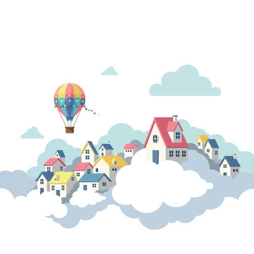 Colorful Houses and Hot Air Balloon.