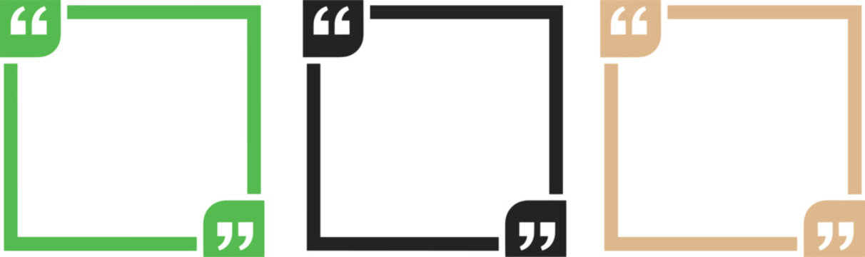 Three different colored quotation mark frames for text or speech bubbles, perfect for design and creative projects