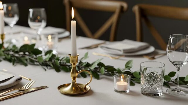Elegant dining table setting with golden candle holder and burning candle. Festive dinner decoration for wedding or anniversary celebration.