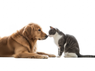 Dog and cat touching noses on transparent background