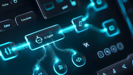 AI workflow automation artificial intelligence software interface nodes triggers data tool dashboard coding icon flow process technology 3d rendering.