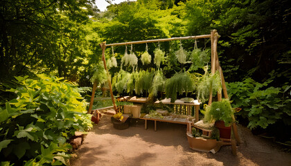 A scene of many herbs hanging in bunches in a garden