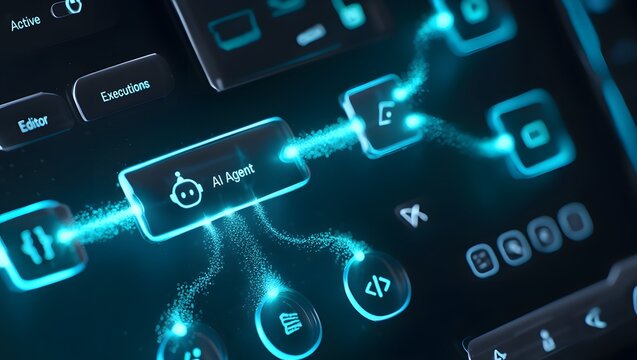AI workflow automation artificial intelligence software interface nodes triggers data tool dashboard coding icon flow process technology 3d rendering. - Powered by Adobe