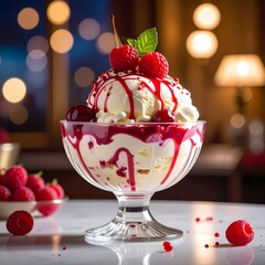 Delicious Raspberry Sundae with Cream and Sauce in Glass Bowl.