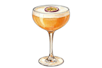 watercolor illustration of pornstar martini cocktail with passion fruit garnish isolated
