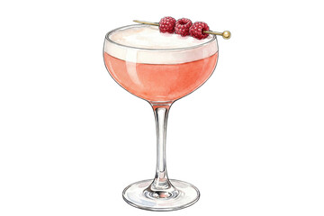 watercolor illustration of clover club cocktail with raspberry garnish on gold pick isolated