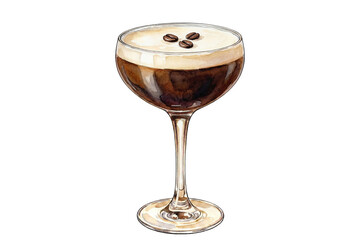watercolor illustration of an espresso martini cocktail with three coffee beans garnish isolated