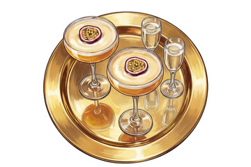 overhead view illustration of two pornstar martini cocktails and prosecco shots on a gold tray, isolated